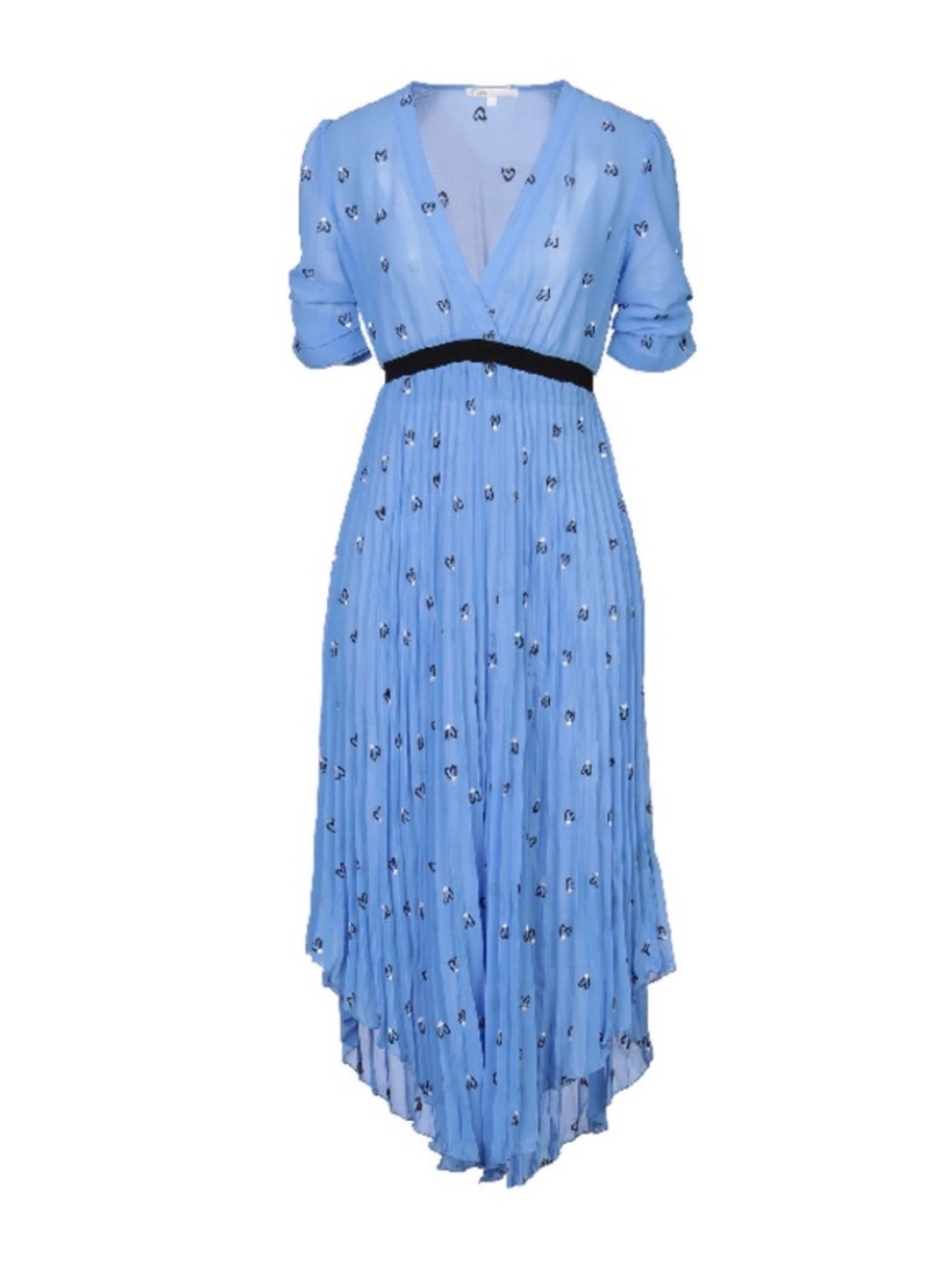 Maje Rengo Blue Embroidered Heart Pleated Georgette Midi Dress Size 3